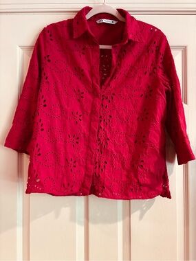 Zara Eyelet Button-Front Womens Top in Red